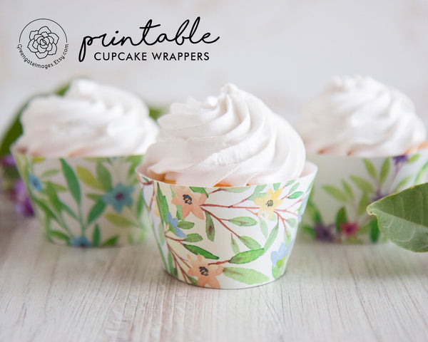 Floral Cupcake Wrapper - Spring Watercolor Leaves