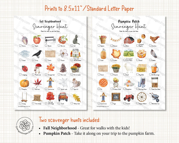 Fall and Pumpkin Patch Scavenger Hunt Set - Printable Digital Download by Greengate Images