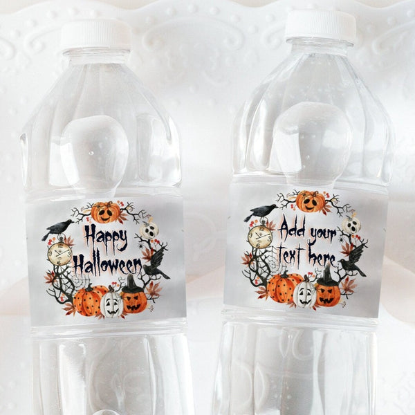 Crow and Jack-o-Lantern Water Bottle Labels - Printable Digital Download by Greengate Images