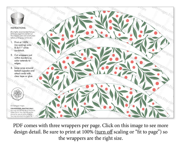 Christmas Leaves and Berries Cupcake Wrappers - Printable Digital Download by Greengate Images