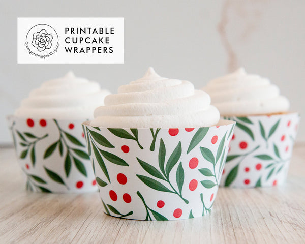 Christmas Leaves and Berries Cupcake Wrappers - Printable Digital Download by Greengate Images