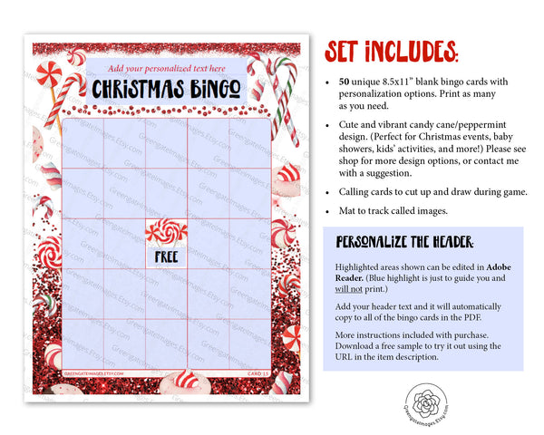 Christmas Bingo Template - Candy Cane Design - Greengate Images
