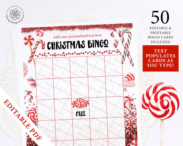 Christmas Bingo Template - Candy Cane Design - Greengate Images