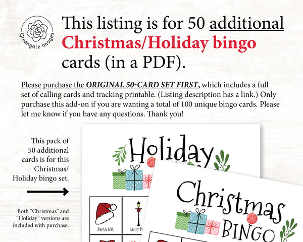ADD-ON: 50 additional Christmas/Holiday bingo cards - Printable Digital Download by Greengate Images