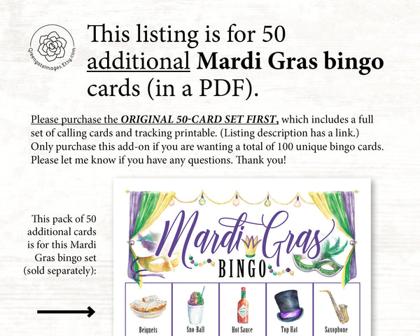 ADD-ON: 50 additional Mardi Gras (Color) Bingo Cards - Printable Digital Download by Greengate Images