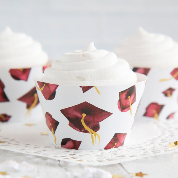 Burgundy Graduation Cupcake Wrapper - Flying Caps - Printable Digital Download by Greengate Images