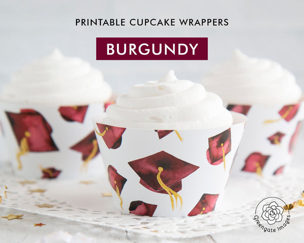 Burgundy Graduation Cupcake Wrapper - Flying Caps - Printable Digital Download by Greengate Images