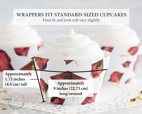 Burgundy Graduation Cupcake Wrapper - Flying Caps - Printable Digital Download by Greengate Images