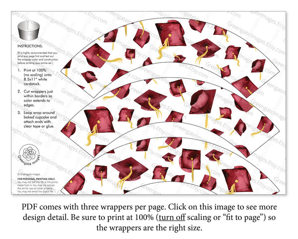 Burgundy Graduation Cupcake Wrapper - Flying Caps - Printable Digital Download by Greengate Images