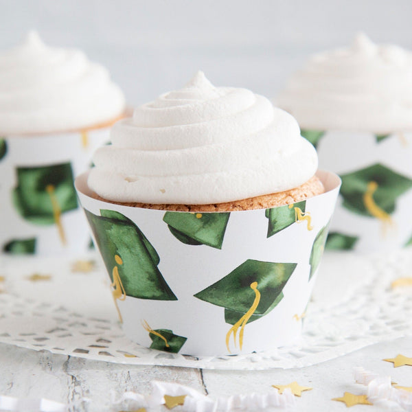 Green Graduation Cupcake Wrapper - Flying Caps - Printable Digital Download by Greengate Images