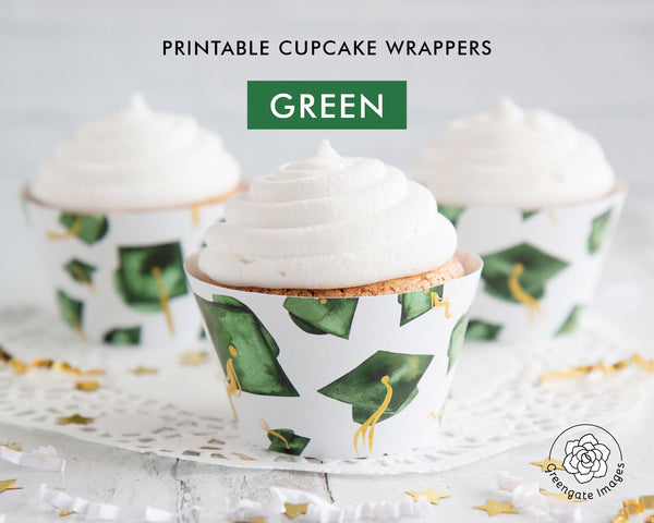 Green Graduation Cupcake Wrapper - Flying Caps - Printable Digital Download by Greengate Images