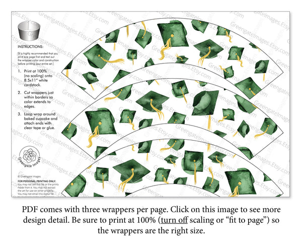 Green Graduation Cupcake Wrapper - Flying Caps - Printable Digital Download by Greengate Images
