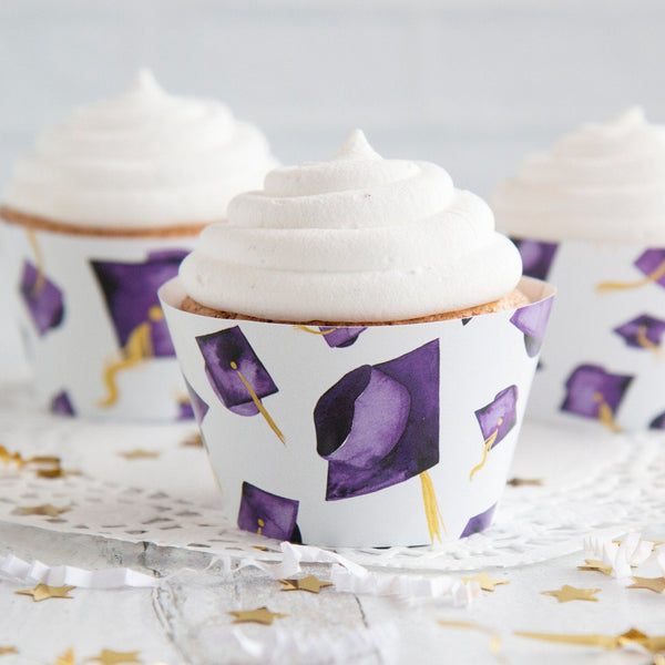 Purple Graduation Cupcake Wrapper - Flying Caps - Printable Digital Download by Greengate Images