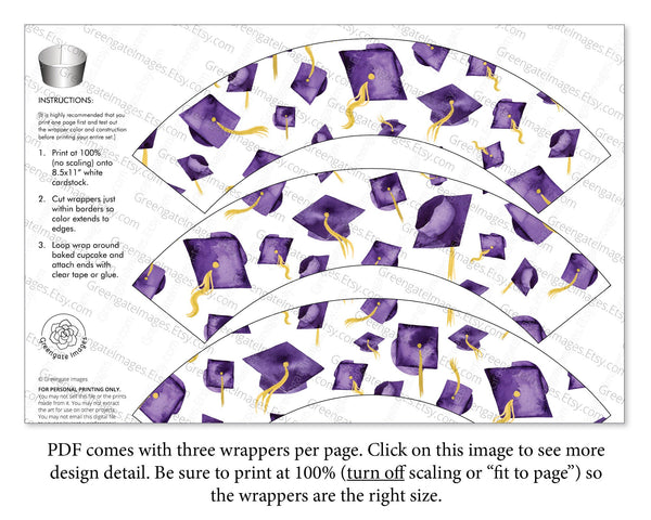 Purple Graduation Cupcake Wrapper - Flying Caps - Printable Digital Download by Greengate Images