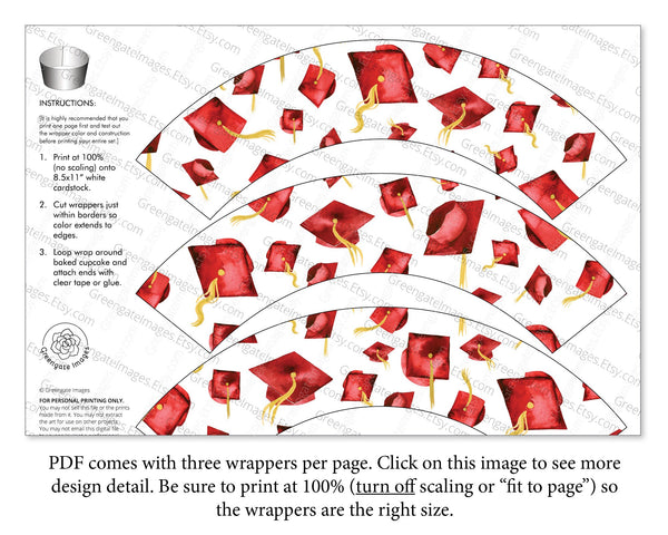 Red Graduation Cupcake Wrapper - Flying Caps - Printable Digital Download by Greengate Images