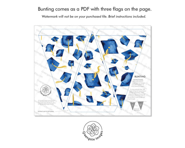 Royal Blue Graduation Bunting - Flying Caps - Printable Digital Download by Greengate Images