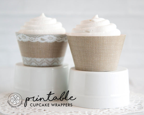 Burlap and Lace Cupcake Wrappers - Printable Digital Download by Greengate Images
