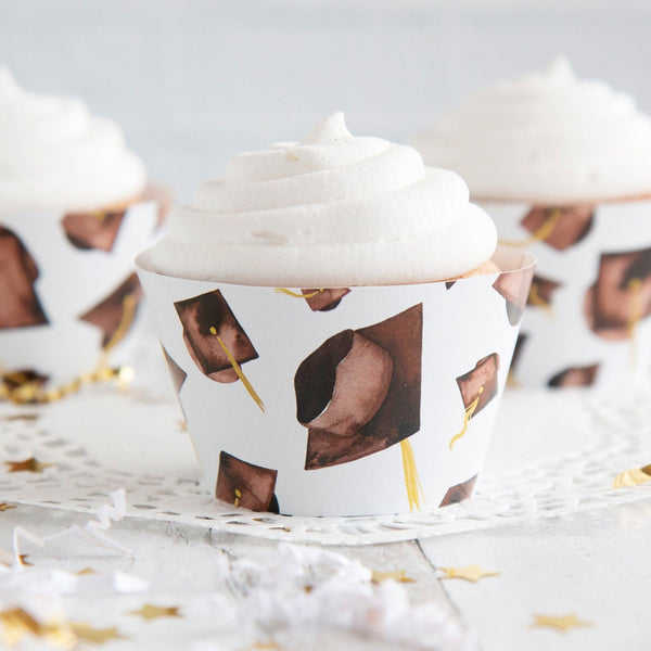 Brown Graduation Cupcake Wrapper - Flying Caps - Printable Digital Download by Greengate Images