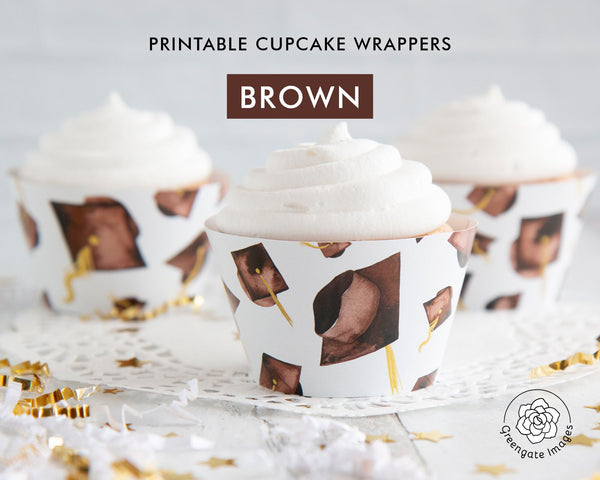Brown Graduation Cupcake Wrapper - Flying Caps - Printable Digital Download by Greengate Images
