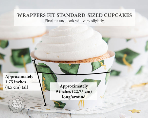 Green Graduation Cupcake Wrapper - Flying Caps - Printable Digital Download by Greengate Images