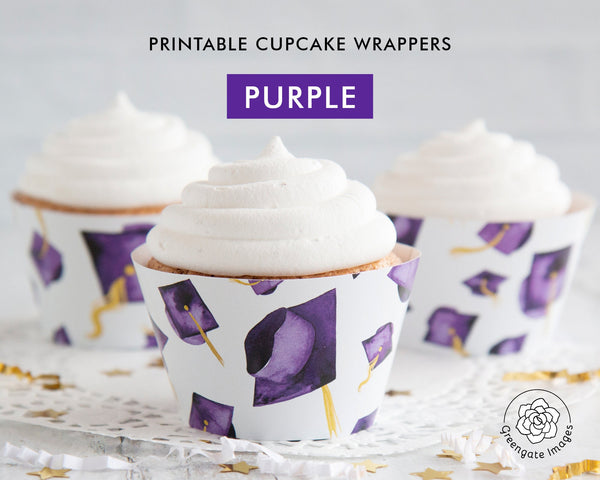 Purple Graduation Cupcake Wrapper - Flying Caps - Printable Digital Download by Greengate Images