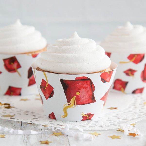 Red Graduation Cupcake Wrapper - Flying Caps - Printable Digital Download by Greengate Images