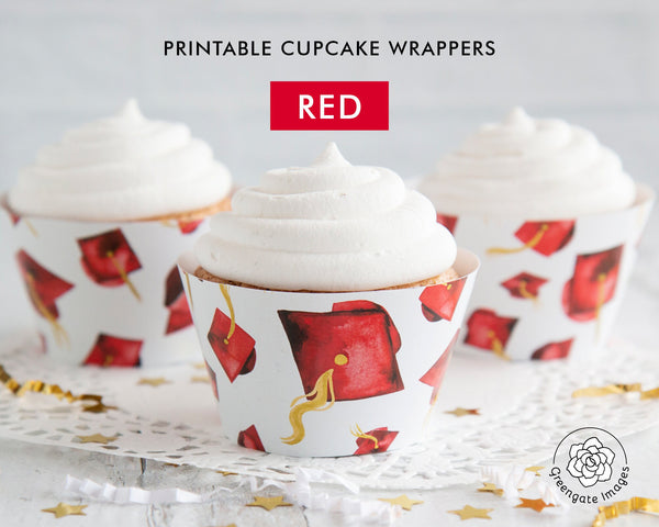 Red Graduation Cupcake Wrapper - Flying Caps - Printable Digital Download by Greengate Images