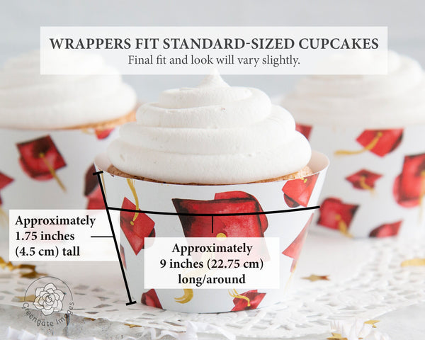 Red Graduation Cupcake Wrapper - Flying Caps - Printable Digital Download by Greengate Images