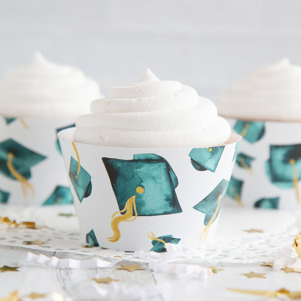 Teal Graduation Cupcake Wrapper - Flying Caps - Printable Digital Download by Greengate Images