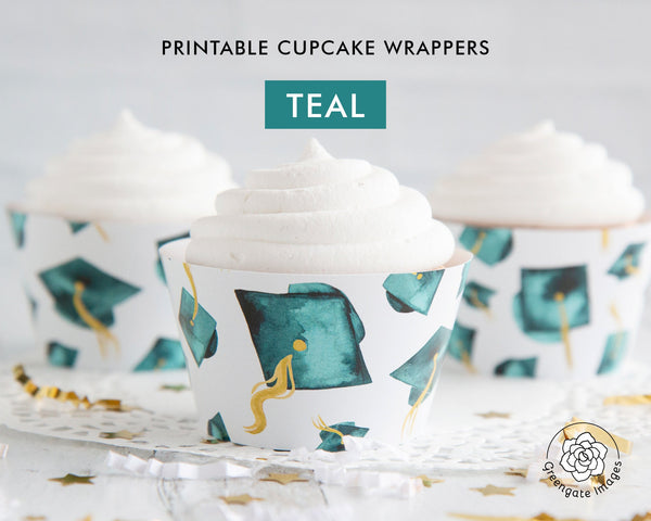 Teal Graduation Cupcake Wrapper - Flying Caps - Printable Digital Download by Greengate Images