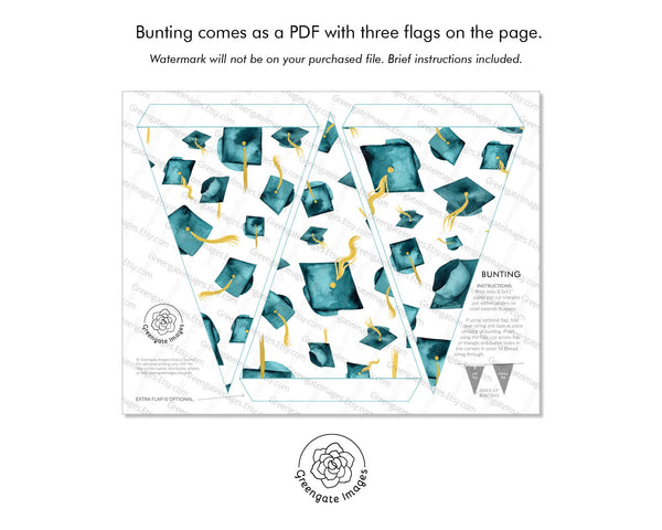 Teal Graduation Bunting - Flying Caps - Printable Digital Download by Greengate Images