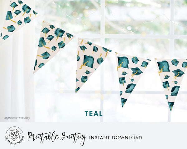 Teal Graduation Bunting - Flying Caps - Printable Digital Download by Greengate Images