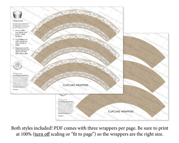 Burlap and Lace Cupcake Wrappers - Printable Digital Download by Greengate Images