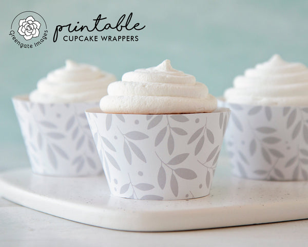 Gray and White Leaf Cupcake Wrappers - Printable Digital Download by Greengate Images