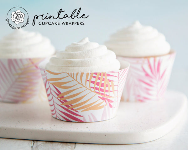 Palm Fronds Cupcake Wrapper - Pink, Peach, & Yellow - Printable Digital Download by Greengate Images