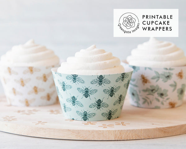 Honey Bee Cupcake Wrappers - Teal and Gold - Printable Digital Download by Greengate Images