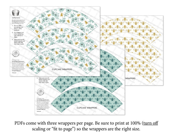 Honey Bee Cupcake Wrappers - Teal and Gold - Printable Digital Download by Greengate Images