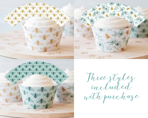 Honey Bee Cupcake Wrappers - Teal and Gold - Printable Digital Download by Greengate Images