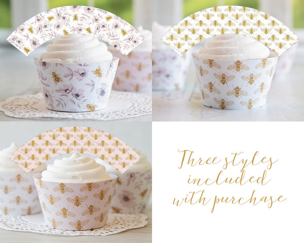 Honey Bee Cupcake Wrappers - Blush Pink and Gold - Printable Digital Download by Greengate Images
