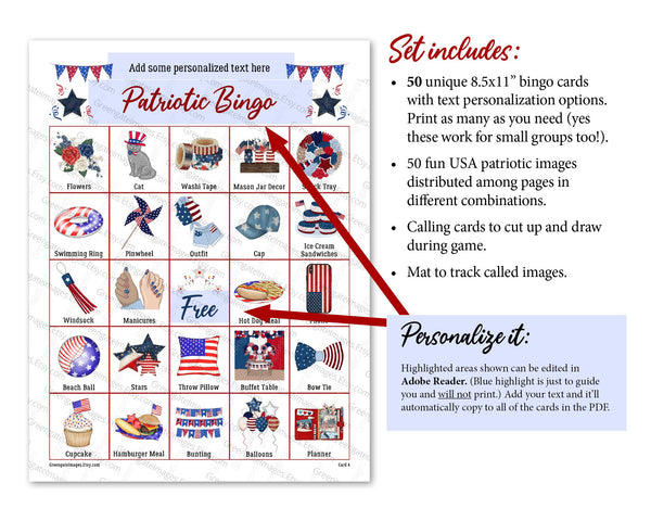 Patriotic Bingo - Personalize the Header - Greengate Images