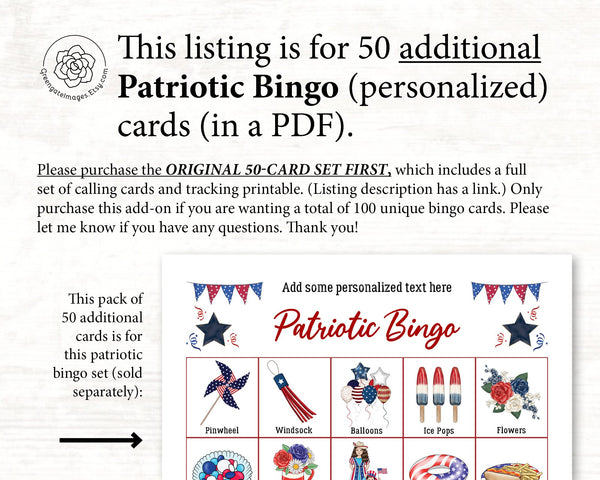 ADD-ON: 50 additional Patriotic Bingo cards (numbered 51-100) - Printable Digital Download by Greengate Images