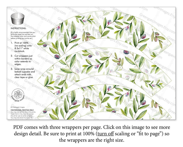 Olive Branch Cupcake Wrappers - Printable Digital Download by Greengate Images