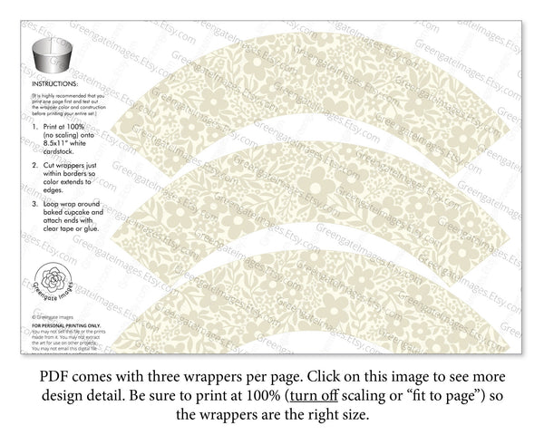 Ivory and Beige Floral Cupcake Wrappers - Printable Digital Download by Greengate Images