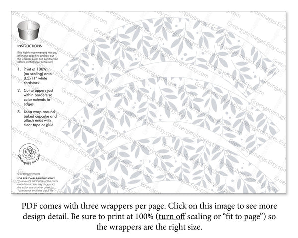 Gray and White Leaf Cupcake Wrappers - Printable Digital Download by Greengate Images