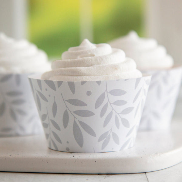 Gray and White Leaf Cupcake Wrappers - Printable Digital Download by Greengate Images