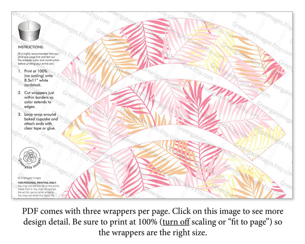 Palm Fronds Cupcake Wrapper - Pink, Peach, & Yellow - Printable Digital Download by Greengate Images