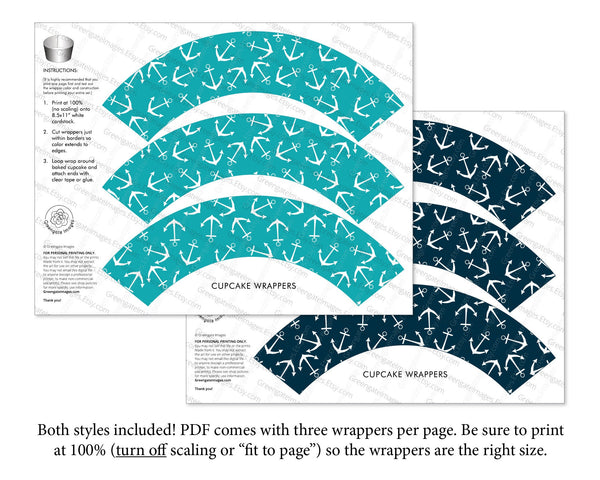 Anchor Cupcake Wrappers - Teal and Navy - Printable Digital Download by Greengate Images