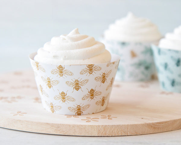 Honey Bee Cupcake Wrappers - Teal and Gold - Printable Digital Download by Greengate Images