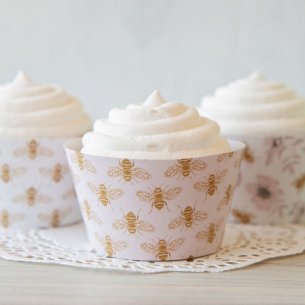 Honey Bee Cupcake Wrappers - Blush Pink and Gold - Printable Digital Download by Greengate Images