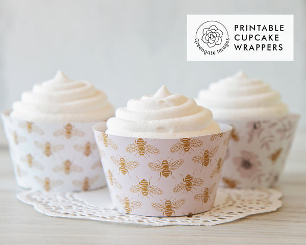 Honey Bee Cupcake Wrappers - Blush Pink and Gold - Printable Digital Download by Greengate Images